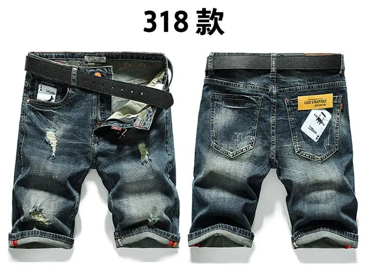 Men's Summer Straight Denim Jeans Shorts Casual Ripped Washed Hip Hop Cowboy Stretchy Mid-length Knee Pants Men's Denim Shorts