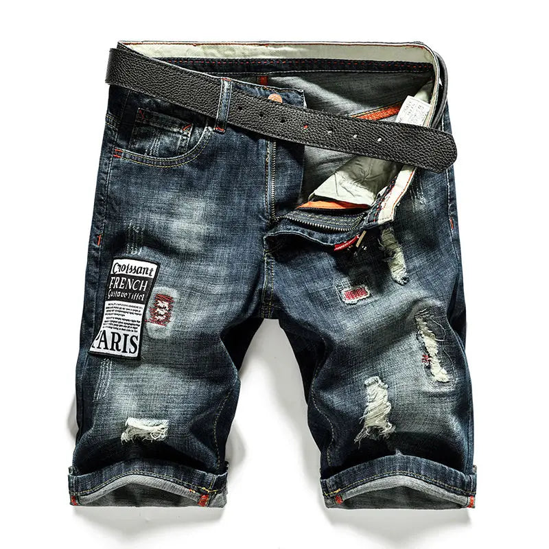 Men's Summer Straight Denim Jeans Shorts Casual Ripped Washed Hip Hop Cowboy Stretchy Mid-length Knee Pants Men's Denim Shorts