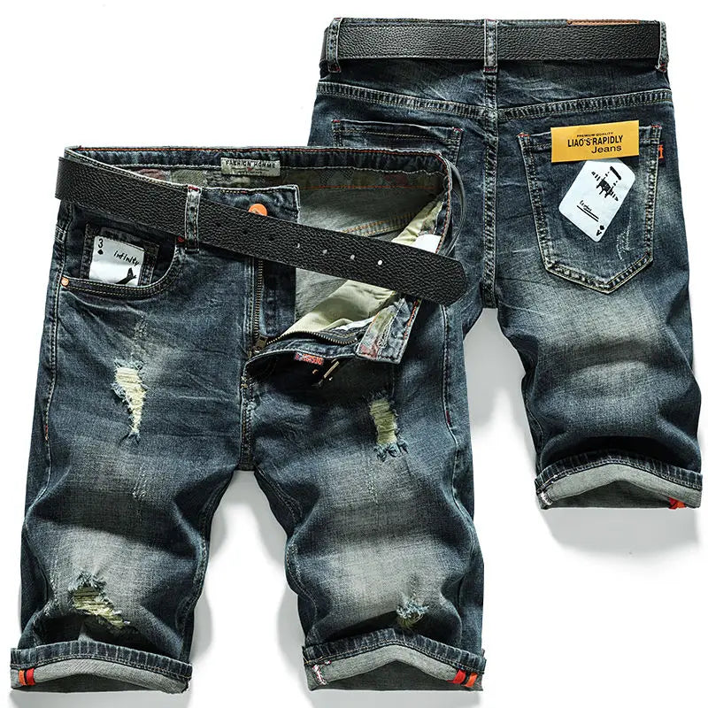 Men's Summer Straight Denim Jeans Shorts Casual Ripped Washed Hip Hop Cowboy Stretchy Mid-length Knee Pants Men's Denim Shorts