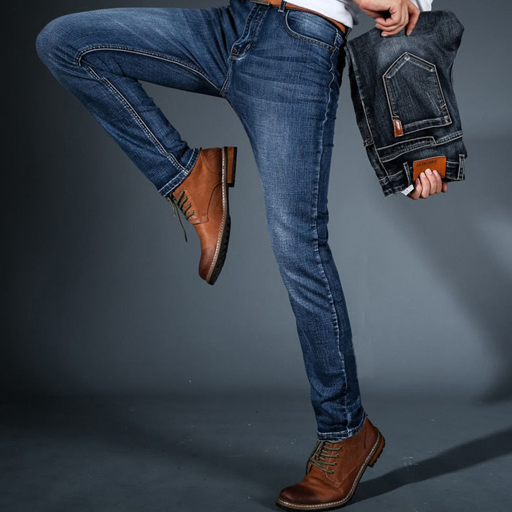Spring Autumn Men's Smart Elastic Jeans Business Fashion Straight Regular Stretch Denim Trousers Men Jeans 28-40