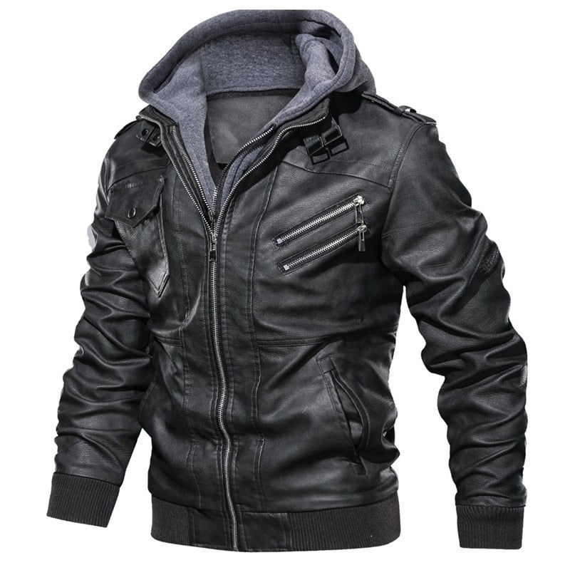 New autumn winter men's leather motorcycle jacket PU leather hooded jacket warm baseball jacket Euro Size coat