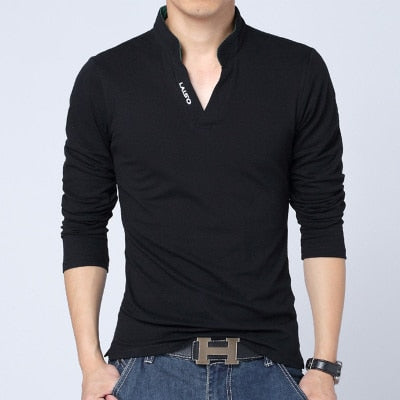 T-Shirt Men Spring Cotton T Shirt Men Solid Color Tshirt Mandarin Collar Long Sleeve Top Men Brand Slim Fit Tee Shirts 5XL
