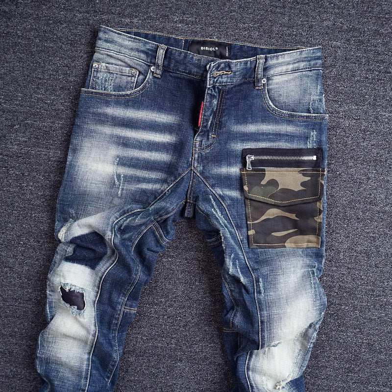 Italian Style Fashion Men Jeans High Quality Camouflage Pocket Spliced Designer Ripped Jeans Homme Streetwear Hip Hop Jeans Men
