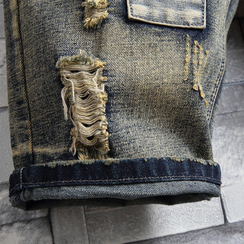Brand Men's Retro Style Ripped Denim Shorts Summer New Fashion Casual Hole Patch Jean Shorts Male Brand Clothes