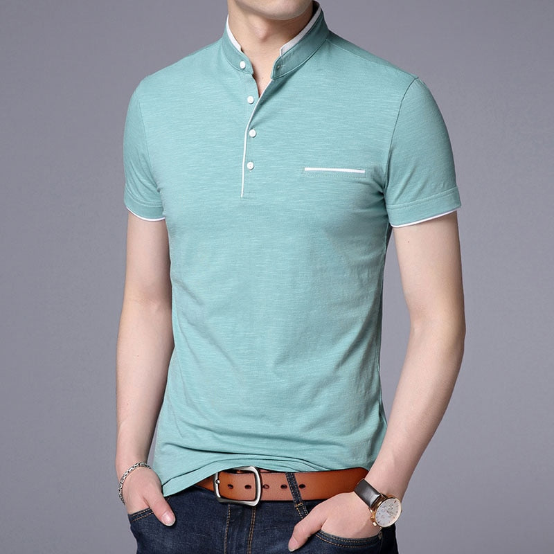 New Fashion Brand Polo Shirt Men's Summer Mandarin Collar Slim Fit Solid Color Button Breathable Polos Casual Men Clothing