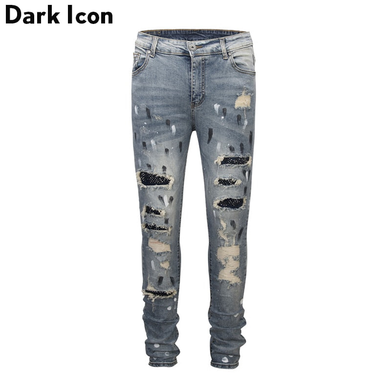 DARK ICON Ripped Coating Slim Fit High Street Jeans Men Hi-end Fashion Rivet on Knee Cool Jeans Denim Men's Pants 2 Colors