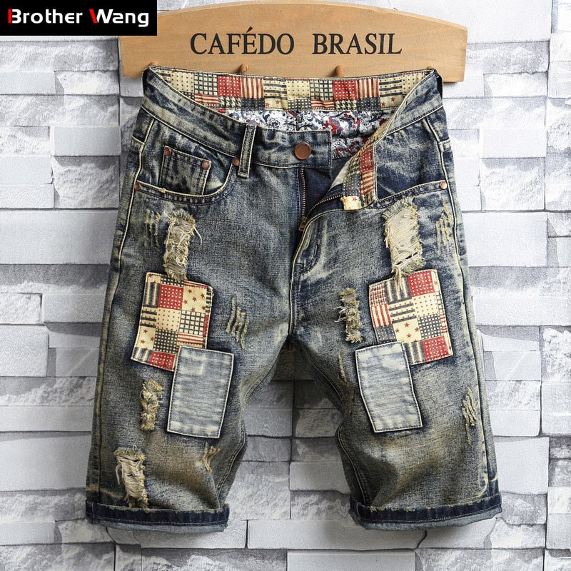Brand Men's Retro Style Ripped Denim Shorts Summer New Fashion Casual Hole Patch Jean Shorts Male Brand Clothes