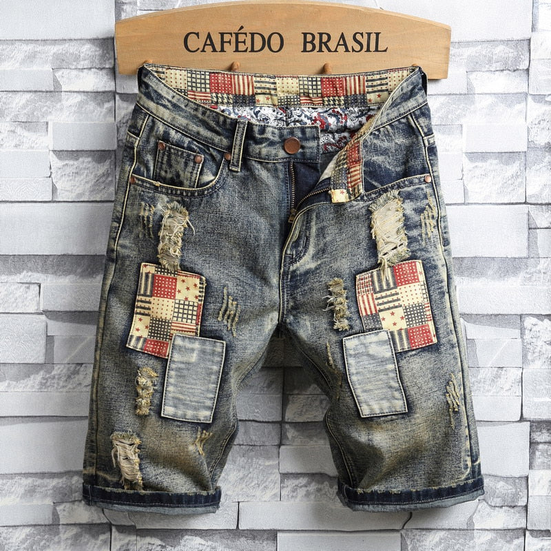 Brand Men's Retro Style Ripped Denim Shorts Summer New Fashion Casual Hole Patch Jean Shorts Male Brand Clothes