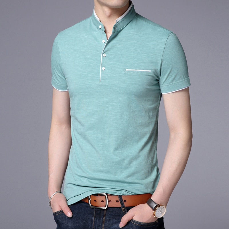 New Fashion Brand Polo Shirt Men's Summer Mandarin Collar Slim Fit Solid Color Button Breathable Polos Casual Men Clothing