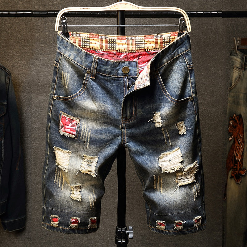 Brand Men's Retro Style Ripped Denim Shorts Summer New Fashion Casual Hole Patch Jean Shorts Male Brand Clothes