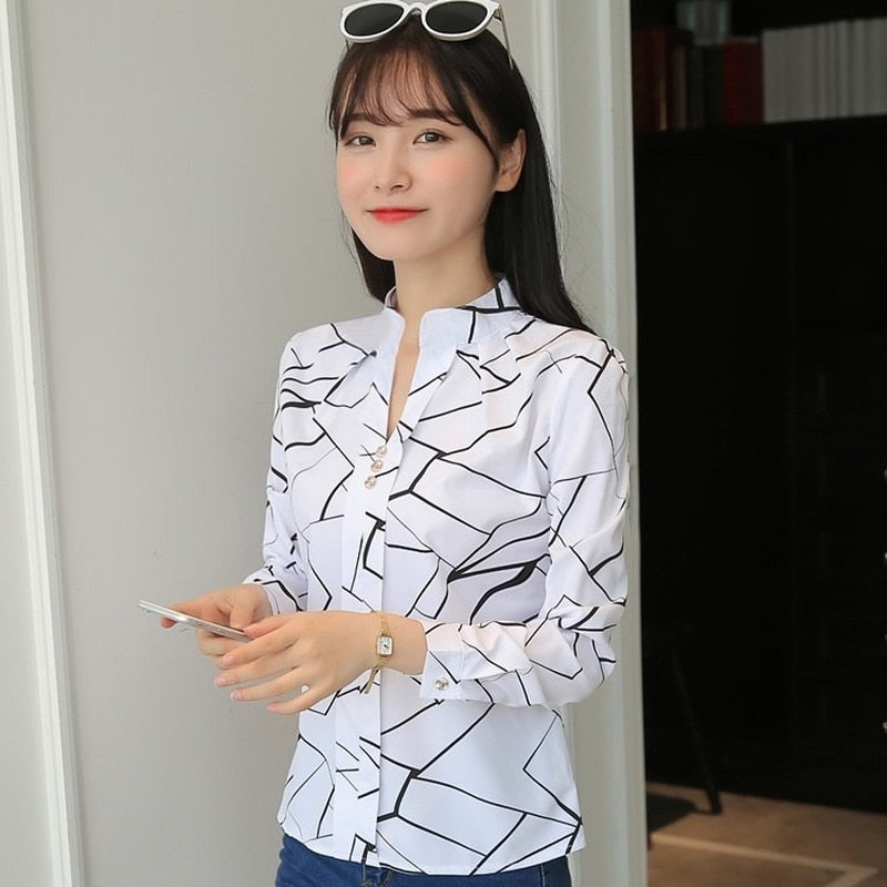 JFUNCY Women White Tops and Blouses Fashion Stripe Print Casual Long Sleeve Office Lady Work Shirts Female Slim Blusas