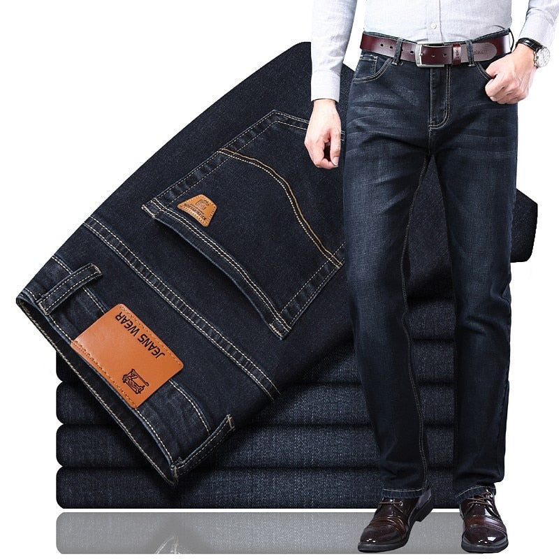 Men's Fashion Jeans Business Casual Stretch Slim Jeans Classic Trousers Denim Pants Male Black Blue