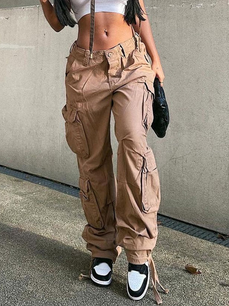 Vintage Cargo Pants Baggy Jeans Women Fashion 90s Streetwear Pockets Wide Leg High Waist Straight Y2k Denim Trousers Overalls