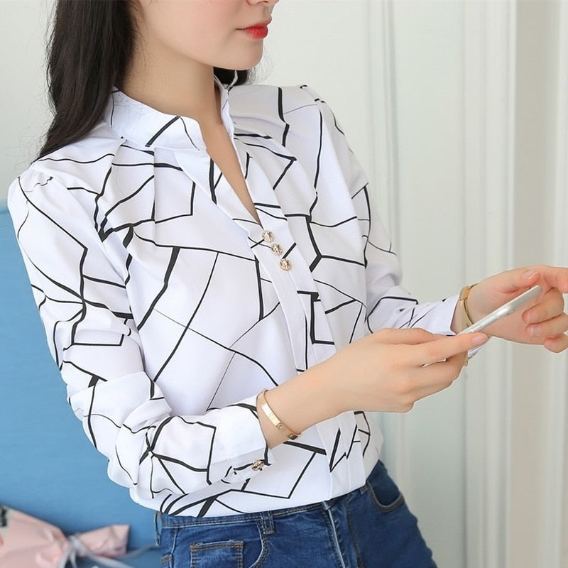 JFUNCY Women White Tops and Blouses Fashion Stripe Print Casual Long Sleeve Office Lady Work Shirts Female Slim Blusas