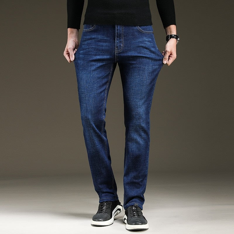 Men's Fashion Jeans Business Casual Stretch Slim Jeans Classic Trousers Denim Pants Male Black Blue