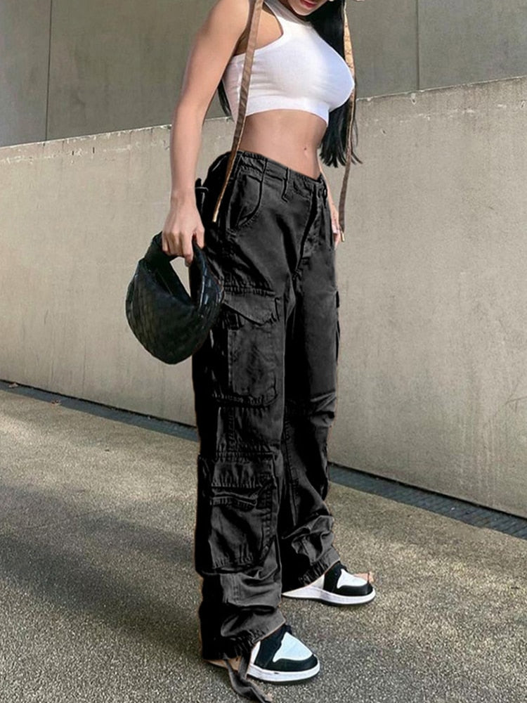 Vintage Cargo Pants Baggy Jeans Women Fashion 90s Streetwear Pockets Wide Leg High Waist Straight Y2k Denim Trousers Overalls
