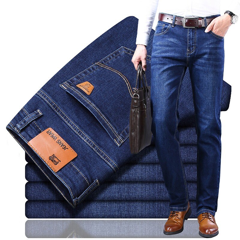 Men's Fashion Jeans Business Casual Stretch Slim Jeans Classic Trousers Denim Pants Male Black Blue