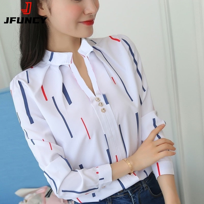 JFUNCY Women White Tops and Blouses Fashion Stripe Print Casual Long Sleeve Office Lady Work Shirts Female Slim Blusas