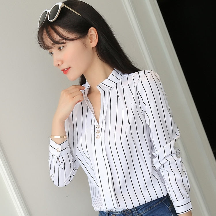 JFUNCY Women White Tops and Blouses Fashion Stripe Print Casual Long Sleeve Office Lady Work Shirts Female Slim Blusas