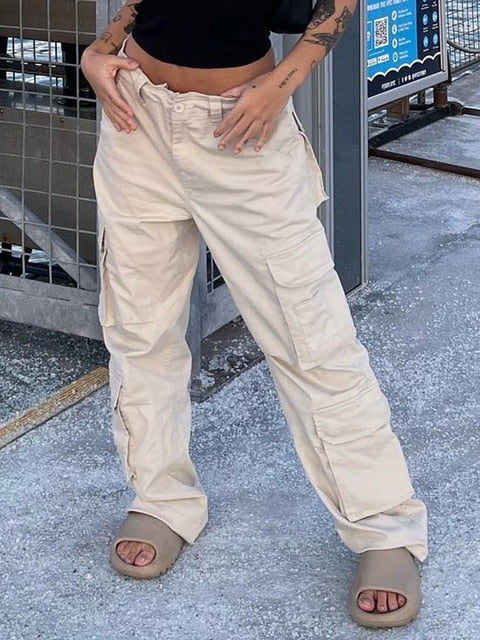 Vintage Cargo Pants Baggy Jeans Women Fashion 90s Streetwear Pockets Wide Leg High Waist Straight Y2k Denim Trousers Overalls