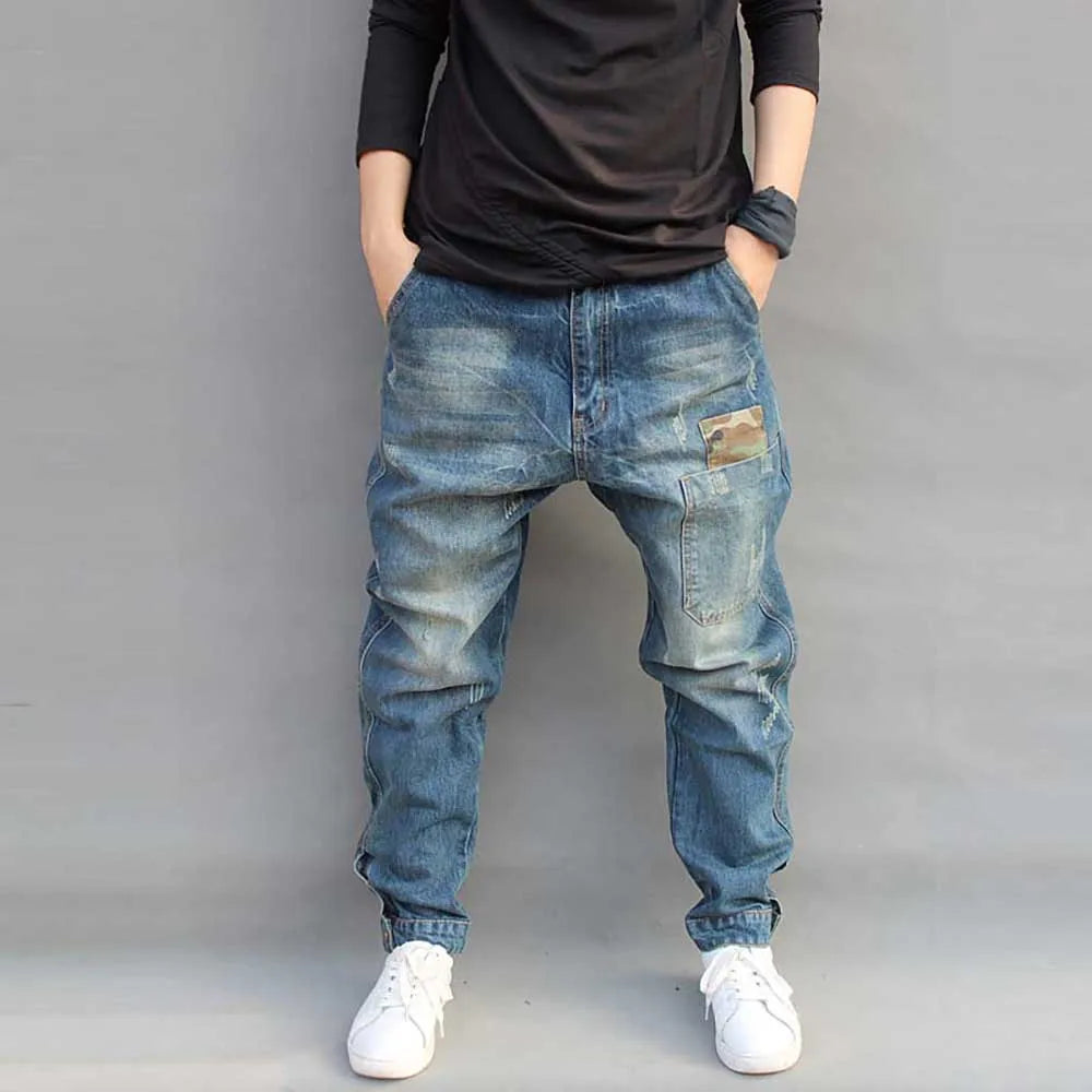 Mens Jeans Casual Joggers Plus Size Hip Hop Harem Denim Pants Camouflage Patchwork Quality Trousers Blue Color Male Clothes