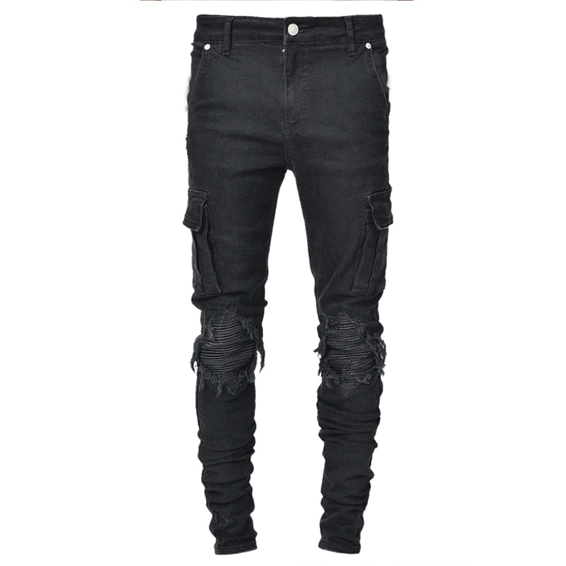 Jeans Men Pants Wash Solid Color Multi Pockets Denim Mid Waist Cargo Jeans Plus Size Fahsion Casual Trousers Male Daily Wear