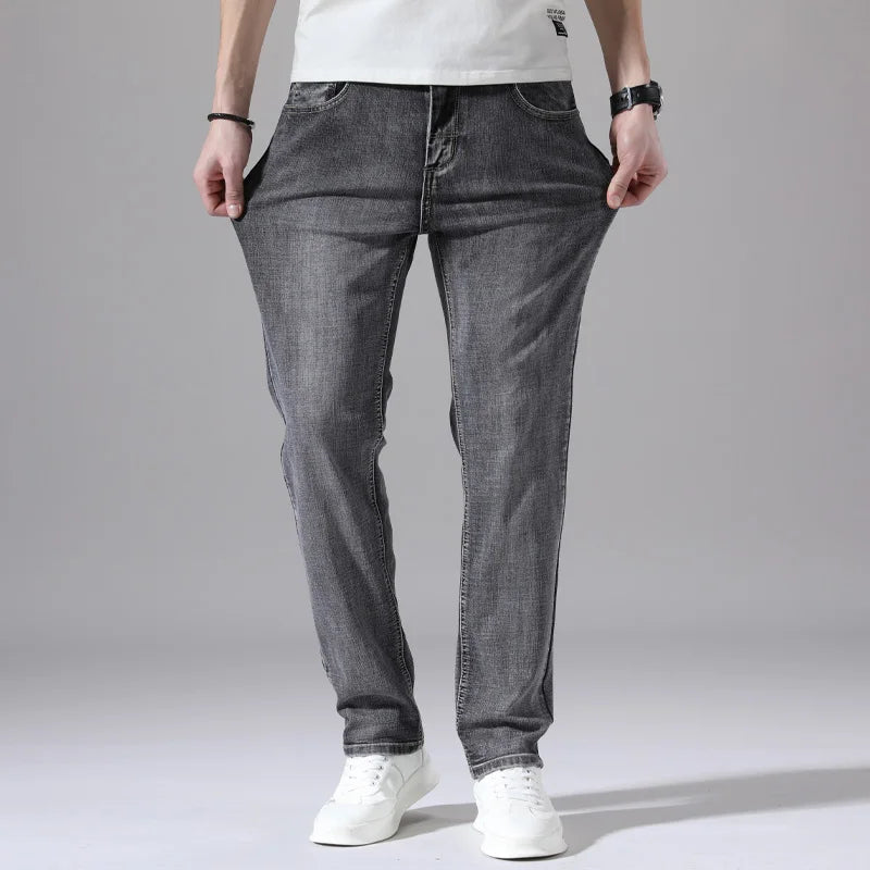 Cotton Stretch Jeans Business Casual Men's Thin Denim Jeans Grey Spring Summer Brand New Fit Straight Lightweight