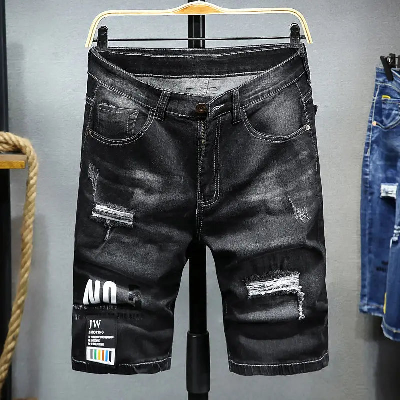 Men's Summer Straight Denim Jeans Shorts Casual Ripped Washed Hip Hop Cowboy Stretchy Mid-length Knee Pants Men's Denim Shorts