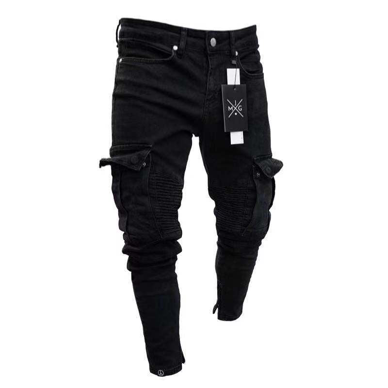 Jeans Men Pants Wash Solid Color Multi Pockets Denim Mid Waist Cargo Jeans Plus Size Fahsion Casual Trousers Male Daily Wear