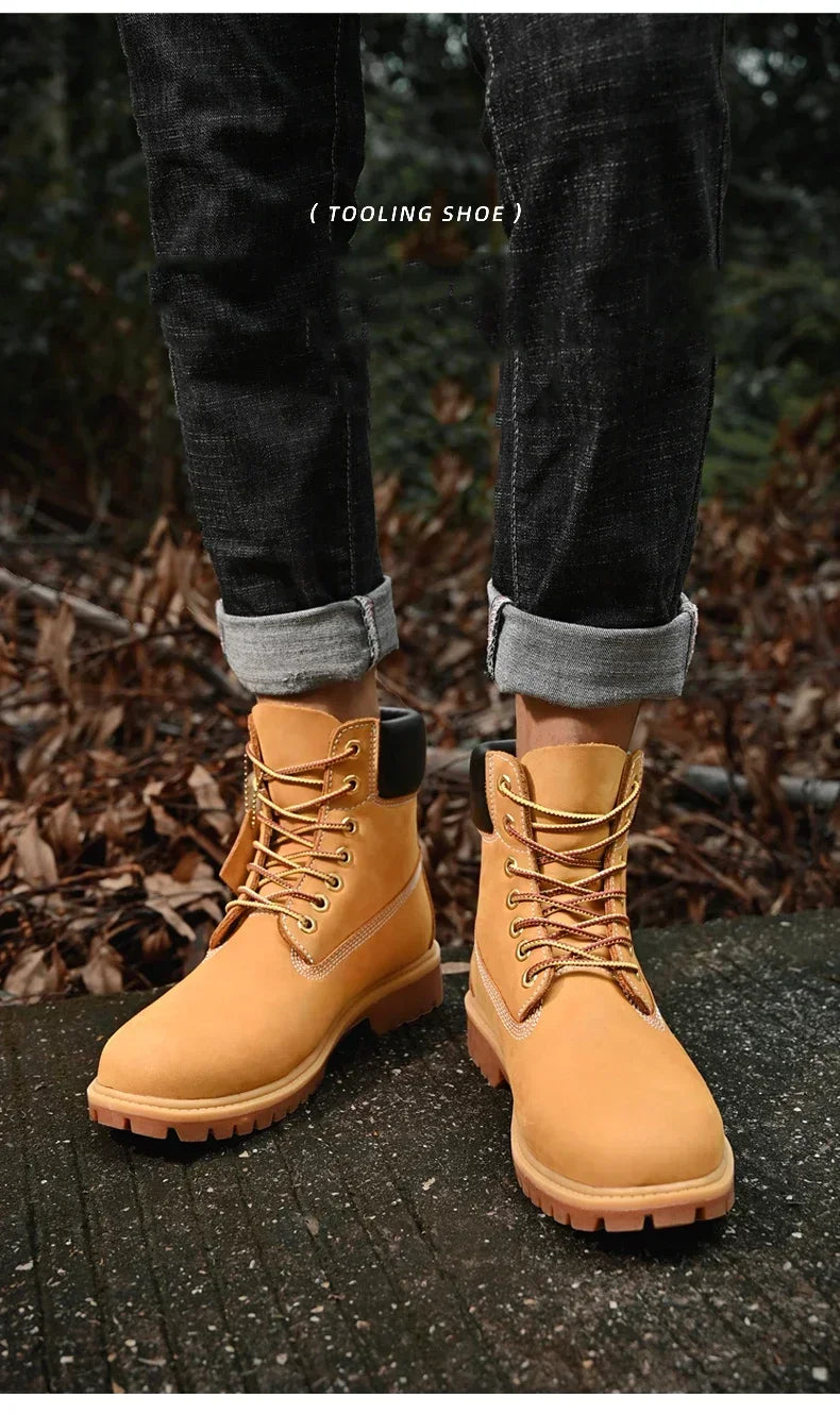 Mens Boots High Top Boots Men's Leather Shoes Winter Fashion Plush Warm Shoes Outdoor Sneakers Lace Up Non-Slip Ankle Boots Male