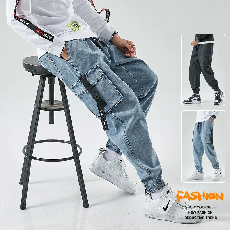 Men Joggers Cargo Denim Pants Baggy Harem Japanese Streetwear Styke Male Ankle Harajuku Casual Hip Hop Jeans Trousers Men