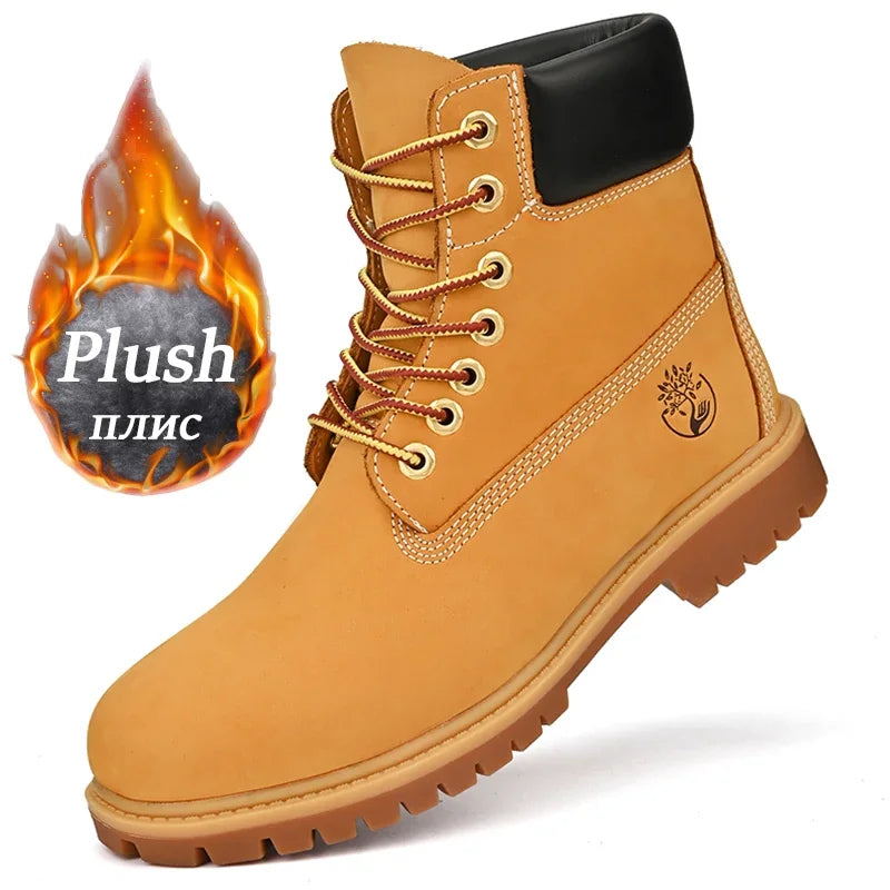 Mens Boots High Top Boots Men's Leather Shoes Winter Fashion Plush Warm Shoes Outdoor Sneakers Lace Up Non-Slip Ankle Boots Male