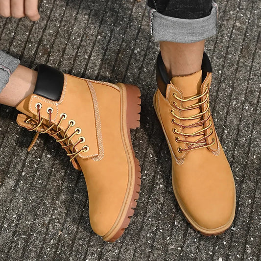 Mens Boots High Top Boots Men's Leather Shoes Winter Fashion Plush Warm Shoes Outdoor Sneakers Lace Up Non-Slip Ankle Boots Male