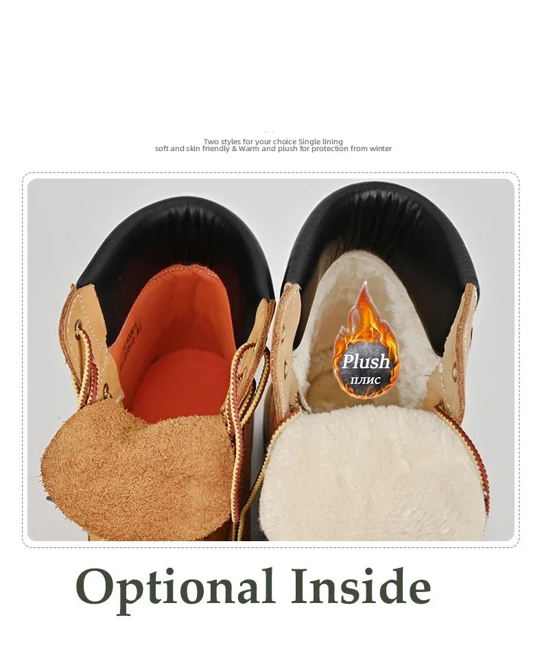 Mens Boots High Top Boots Men's Leather Shoes Winter Fashion Plush Warm Shoes Outdoor Sneakers Lace Up Non-Slip Ankle Boots Male