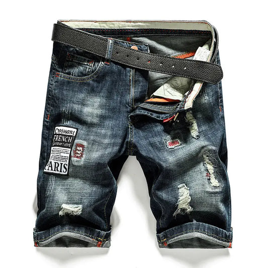 Men's Summer Straight Denim Jeans Shorts Casual Ripped Washed Hip Hop Cowboy Stretchy Mid-length Knee Pants Men's Denim Shorts