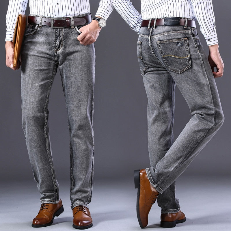 New Men&#39;s Stretch Regular Fit Jeans Business Casual Classic Style Fashion Denim Trousers Male Black Blue Gray Pants