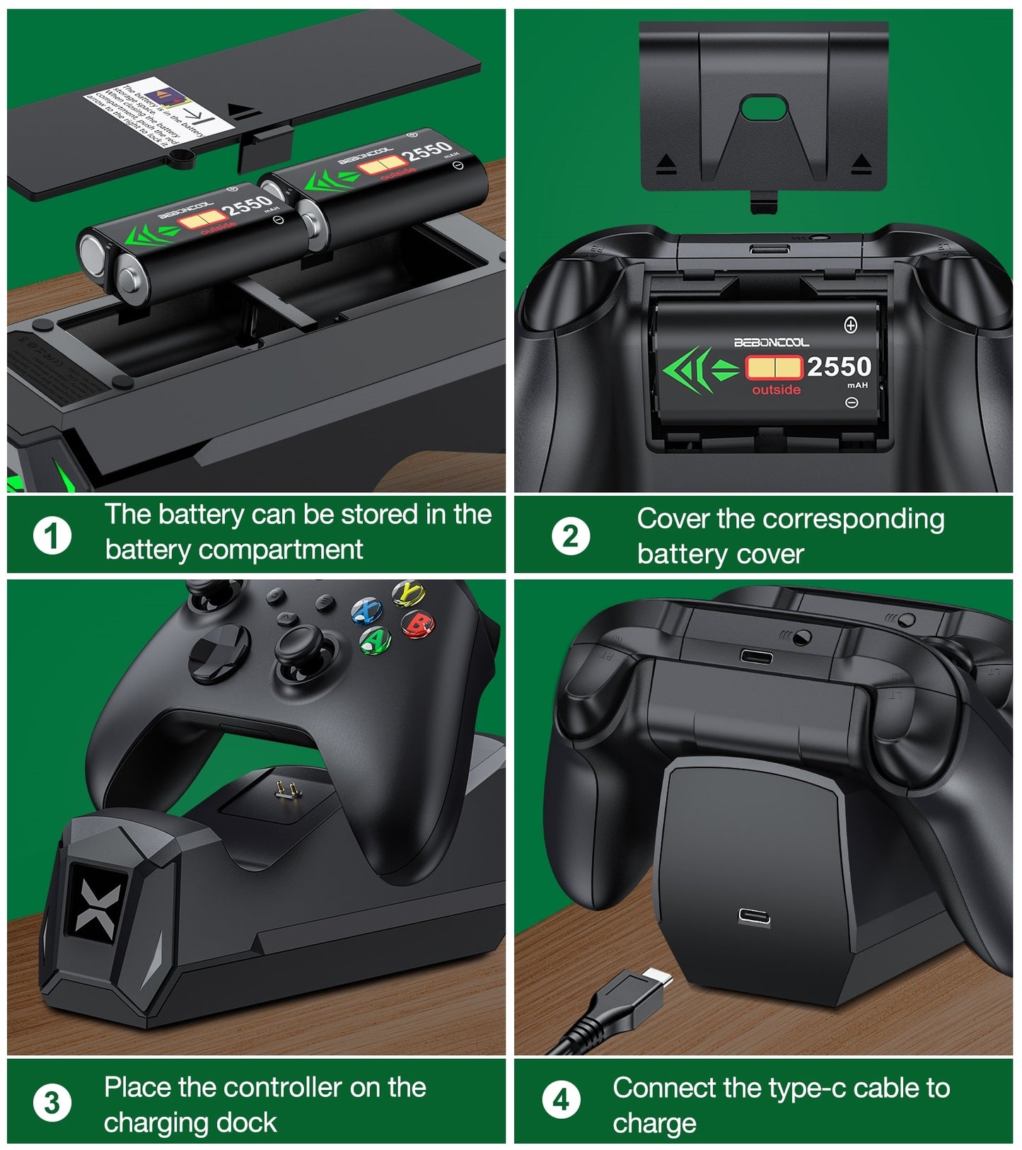 Type-C Charger Dock For Xbox One/Xbox One S/X/Xbox Series X/S Wireless Controller + 2 x 2550mAh Rechargeable Battery With Covers