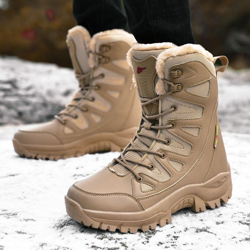 New Warm Plush Snow Boots Men Lace Up Casual High Top Men&#39;s Boots Waterproof Winter Boots Anti-Slip Ankle Boots Army Work Boots