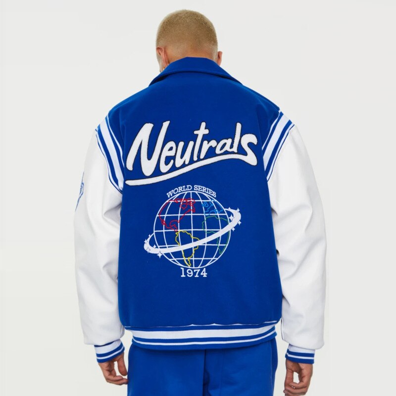 Neutrals Blue Varsity Bomber Jacket Man Contrast Sleeve PU Leather Coats Embroidery Jaded Casual London Baseball Jackets Women