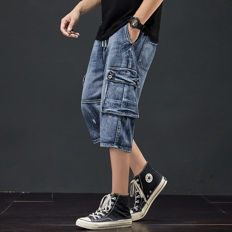 Summer New Men Jeans Cargo Shorts Fashion Casual Elasticated Waist Stretch Big Pocket Cropped Jean Male Brand