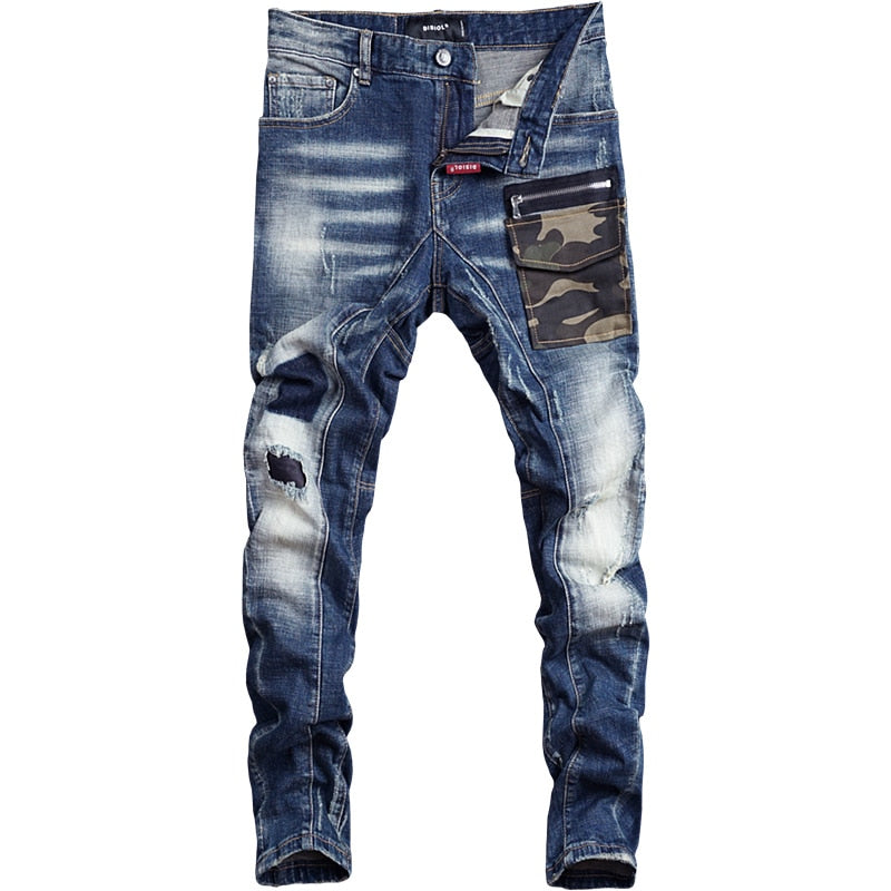 Italian Style Fashion Men Jeans High Quality Camouflage Pocket Spliced Designer Ripped Jeans Homme Streetwear Hip Hop Jeans Men