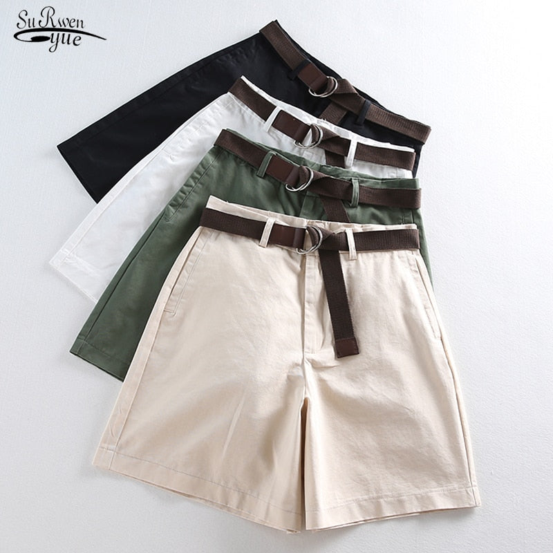 Women Wide Leg Shorts Casual Female A-line Solid Shorts With Belt Feminino Women Summer Shorts Loose High Waist 7411 50