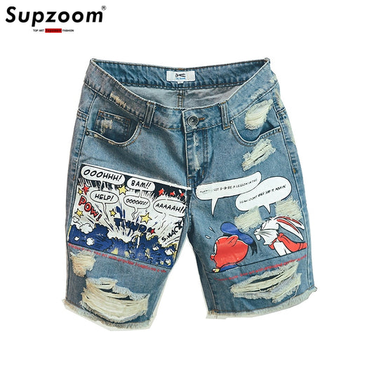 Supzoom New Arrival Hot Sale Fashion Animation Cartoon Print Light Ulzzang Summer Zipper Fly Stonewashed Jeans Shorts Men