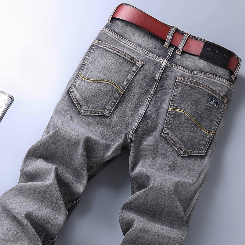 New Men&#39;s Stretch Regular Fit Jeans Business Casual Classic Style Fashion Denim Trousers Male Black Blue Gray Pants