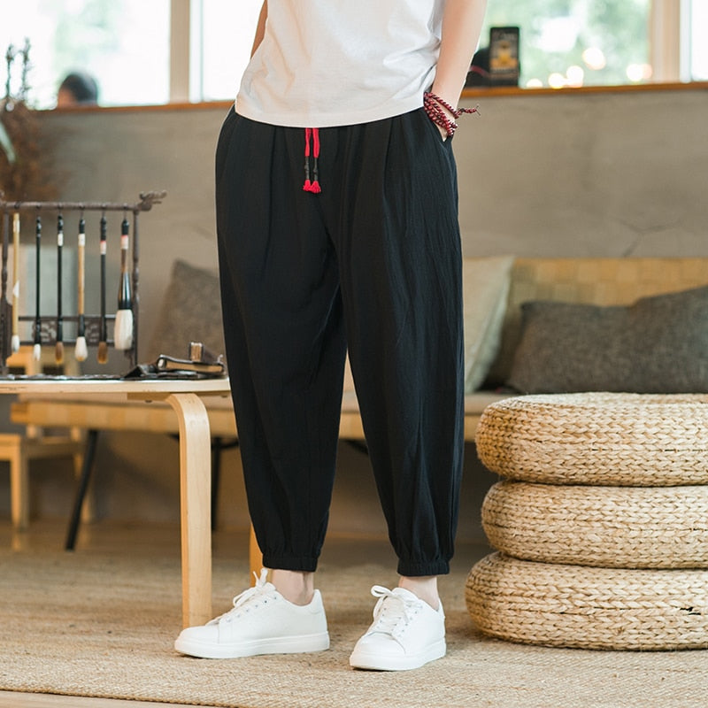 Chinese Style Harem Pants Men Streetwear Casual Joggers Mens Pants Cotton Linen Sweatpants Ankle-length Men Trousers M-5XL