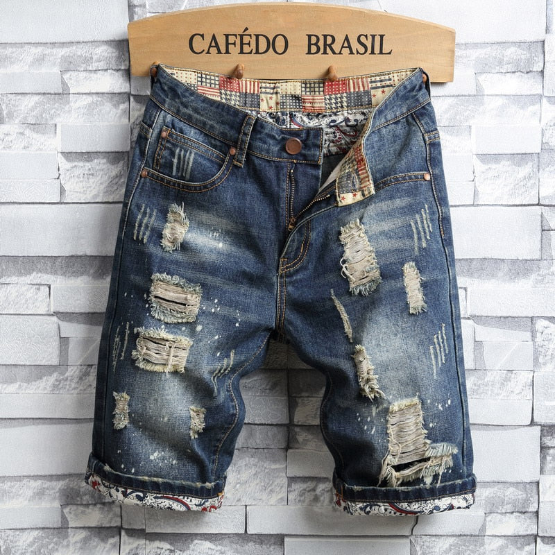 Brand Men&#39;s Retro Style Ripped Denim Shorts Summer New Fashion Casual Hole Patch Jean Shorts Male Brand Clothes