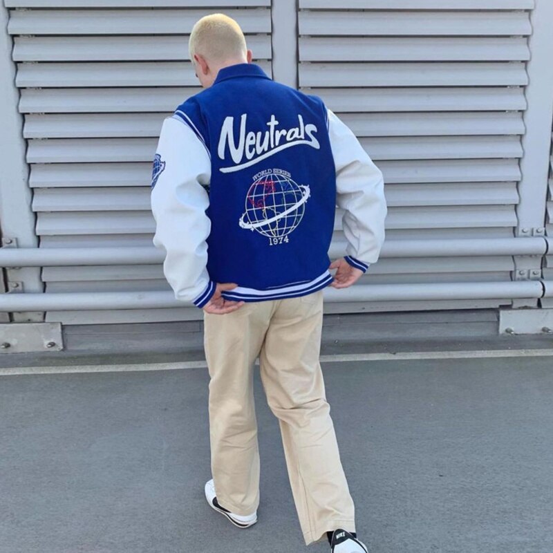 Neutrals Blue Varsity Bomber Jacket Man Contrast Sleeve PU Leather Coats Embroidery Jaded Casual London Baseball Jackets Women