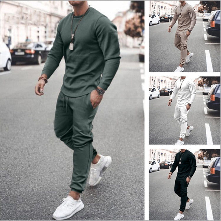 Autumn New Men Tracksuit Casual Solid Sports Set Long Sleeved TShirt 2 Pieces Sets+Pants Fashion Brand Jogger Fitness Sportswear