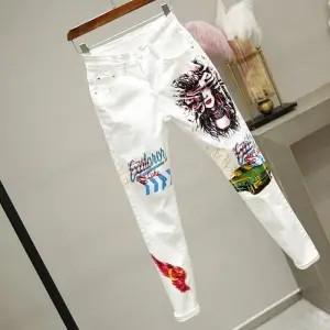 Women White Denim Jeans Cartoon Graffiti Flowers Print Stretched Hallen Jeans Pencil Pants Autumn Skinny Jeans LU1271