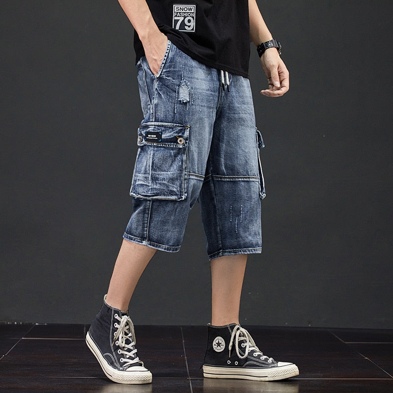 Summer New Men Jeans Cargo Shorts Fashion Casual Elasticated Waist Stretch Big Pocket Cropped Jean Male Brand